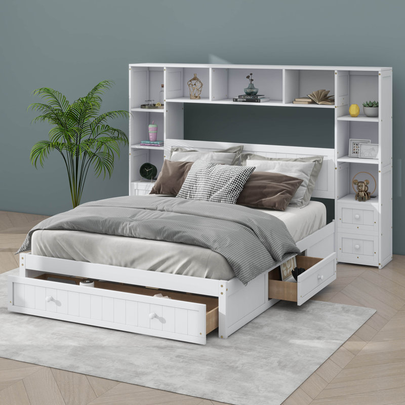 Lit plateforme avec 2 tables de chevet intégrées, tablette de rangement, armoire et bibliothèque, Grand