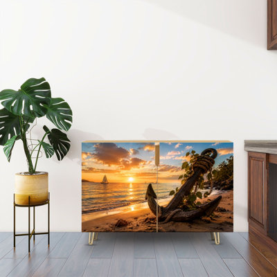 Buffet Buffet avec rangement Ancre rustique Sandy Beach Golden Sunset Seascape Voiliers dramatiques avec 2 portes pour le salon et la cuisine