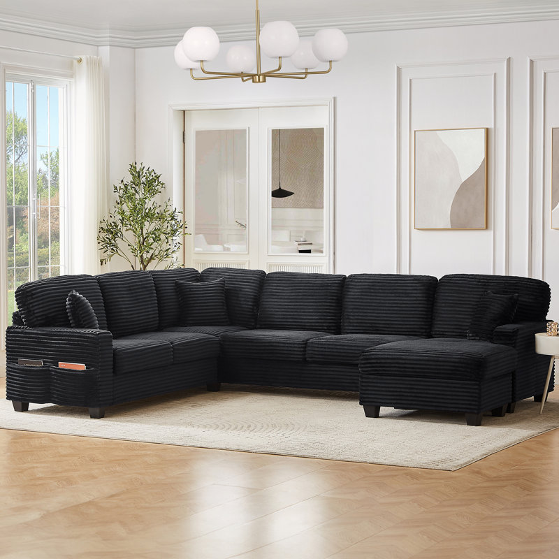 Canapé modulaire en U avec repose-pieds mobile et poches de rangement latérales, Velours côtelé noir