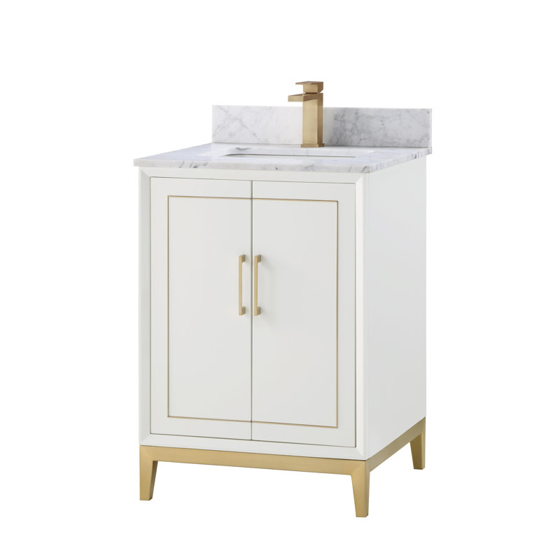 Gracie 24'' Single Bathroom Vanity with Top, Carrara Marble/Single Faucet Mount, Satin White (Cream White)