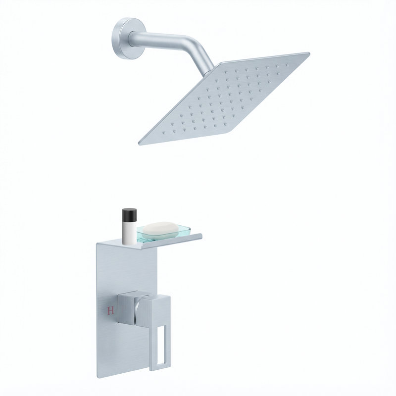 Wall Mounted Shower System with 8-Inch Rain Shower Head and Storage Shelf, Brushed Nickel