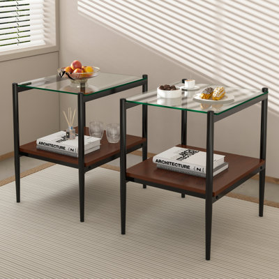 Set Of 2 Modern Rectangle End Tables With Tempered Glass Top And MDF Layer For Living Room by Mercer41
