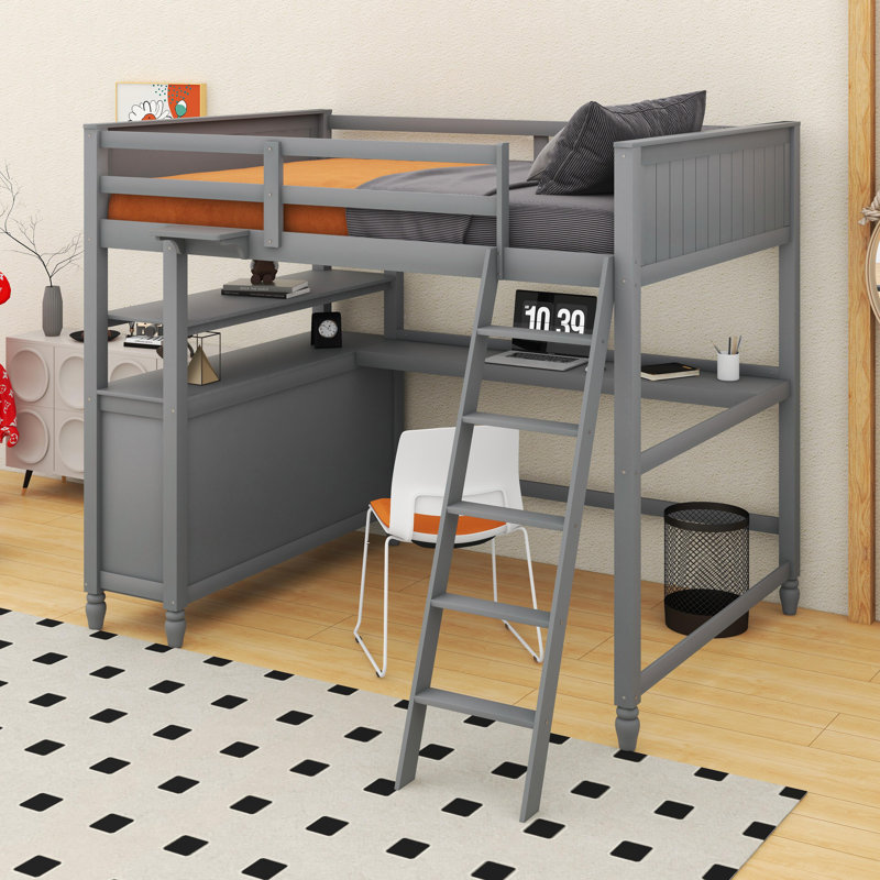 Lit mezzanine double avec tiroirs et bureau Jamarus, gris