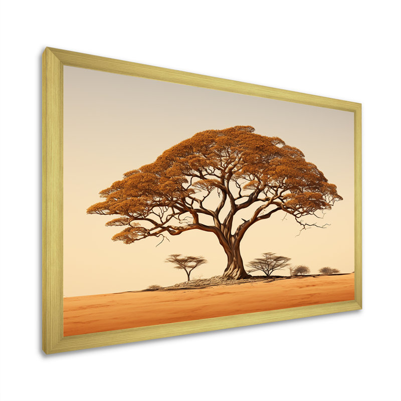 Arbre africain sur l'arbre, reproduction sur toile, Encadrement doré, H 12 po x l 20 po x P 1 po