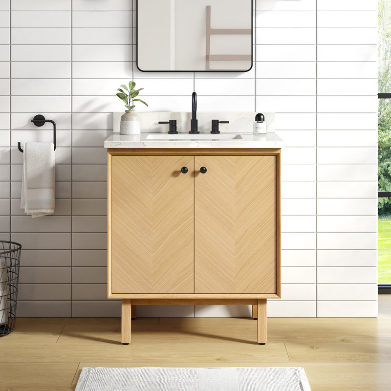 Meuble-lavabo sur pied simple 30 po avec plateau en quartz Adele, Naturel, Noir, 31