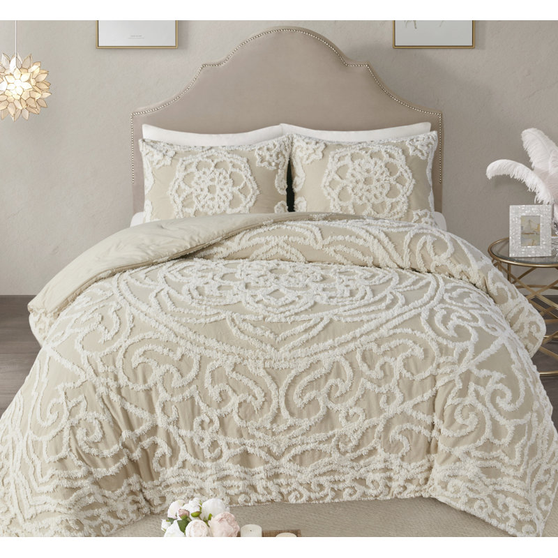 Ensemble d'édredon en chenille de coton touffeté à motif de médaillon Laetitia, Blanc cassé