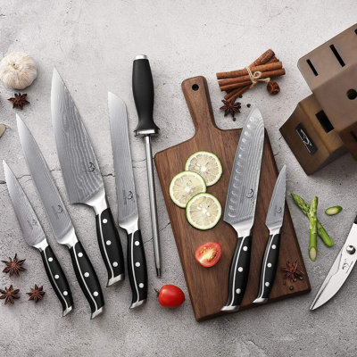 Ensemble de couteaux damas avec bloc - 9 couteaux de cuisine en acier à haute teneur en carbone VG10 67 pièces, poignées à trois rivets, chef, santoku, utilitaire, couteaux à pain et d'office, aiguiseurs et cisailles