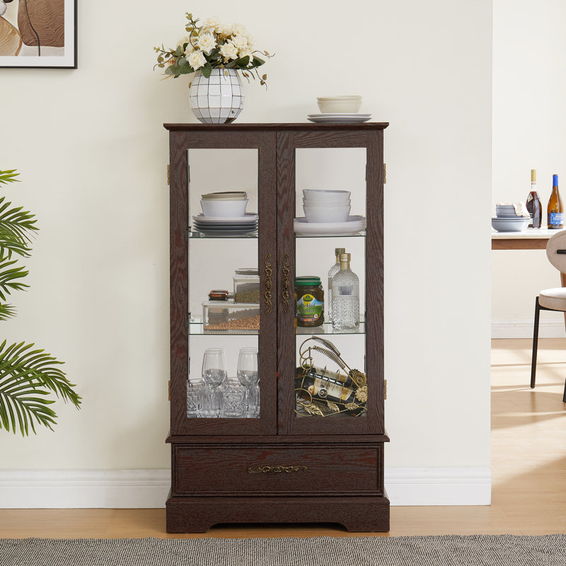 Cabinet With Adjustable Shelves, Vintage Metal Handle, Illuminated Interior, Cherry Spacious Display Accentuation, ,, Cherry