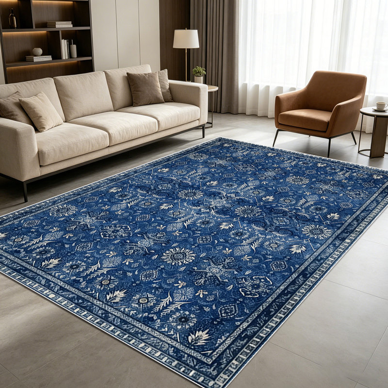1PC Vintage Distressed Navy Blue Bohemian Floral Medallion area rugs for Living Room, Soft, All seasons, Easy-maintain, Washable Indoor mat, Farmhouse suitable for for dining room, bedroom, kitchen entryway...