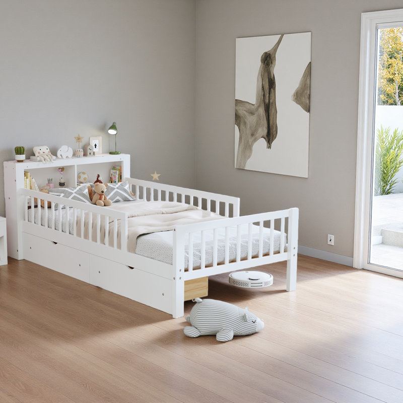 Lit simple avec support de tête de lit, deux tiroirs sous le lit, trois barrières de sécurité pour plus de sécurité, Blanc