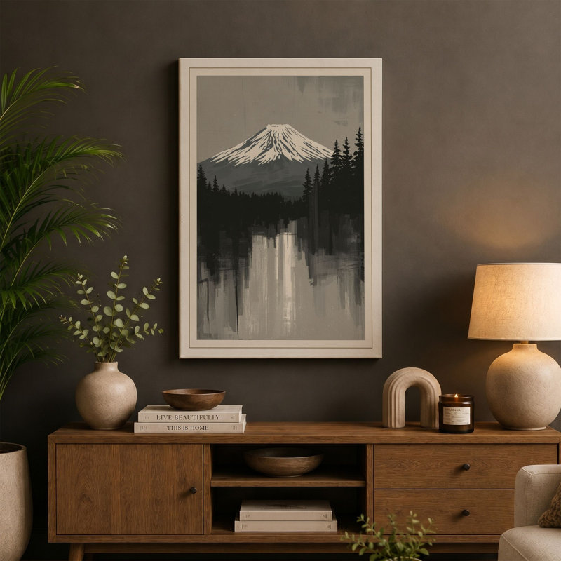 Mountain and Reflection Japandi - Wrapped Canvas, 36x24 - 91.4 x 61.0 cm, Terracotta Border