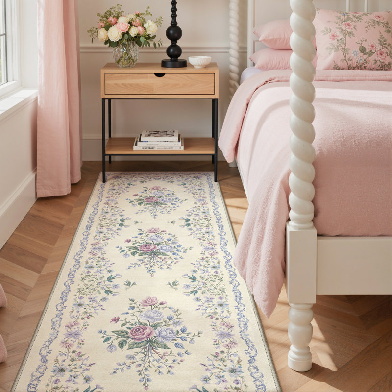 Atascadero Romantic Floral Bordered Rug, Machine Washable, Inspired Faux Wool, Non-Slip Backing, Runner 2' x 7'