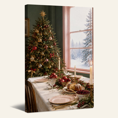 Table de fête des fêtes avec arbre et vue sur neige, art mural sur toile de Noël