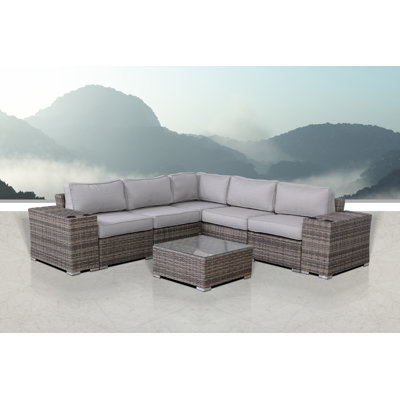 Ensemble de conversation en osier pour 4 personnes avec coussins Moyeda