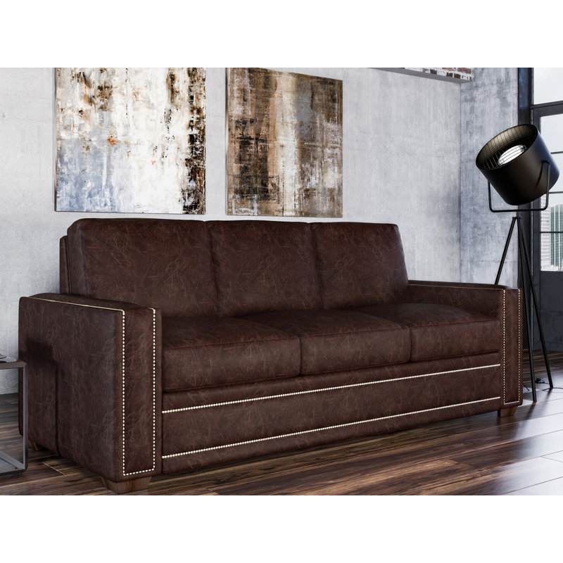 Canapé-lit à accoudoirs carrés en cuir véritable de 95 po Albinca, Cuir véritable cognac