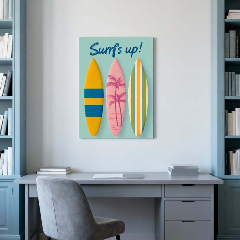 Ensemble de 1 tableau sur toile représentant des planches de surf et des palmiers, H 18 po x l 12 po