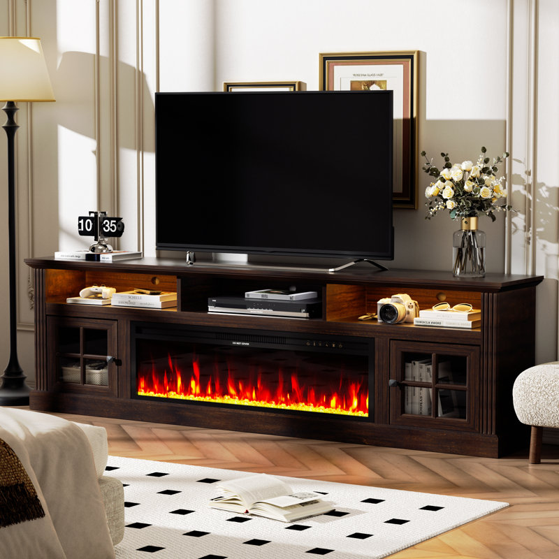 70" Fireplace Tv Stand For Tvs Up To 80" With Storage Cabinets, Entertainment Center With 36" Electric Fireplace, Led Light Tv Consoles For Living Room, Farmhouse Media Console Table, Crystals