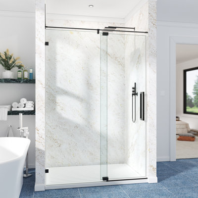 56-61" W x 76" H Frameless Single Pivot Shower Door with Clear Tempered Glass, Shatter-Resistant Film & Installation Hole Locator