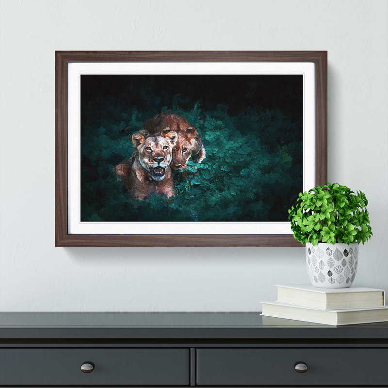 Two Lions in the Shadows - Picture Frame Painting Print, Walnut Framed, 48cm H x 65cm W x 2cm D