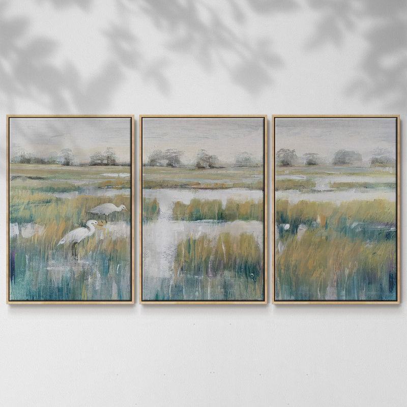 Marshland View V, ensemble de 3 toiles encadrées, H 36 po x l 75 po x P 2 po, Encadré naturel
