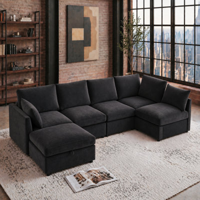 Canapé modulaire en U 6 places en chenille avec 2 repose-pieds