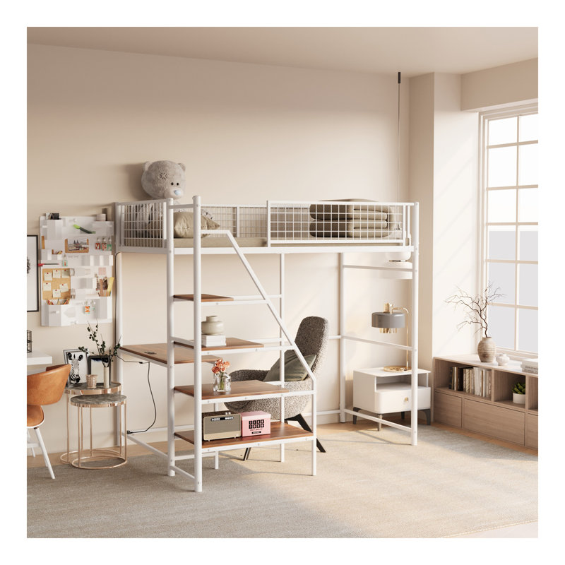 Lit mezzanine simple en métal blanc avec chambre à coucher et dortoir, avec station de charge intégrée et éclairage DEL