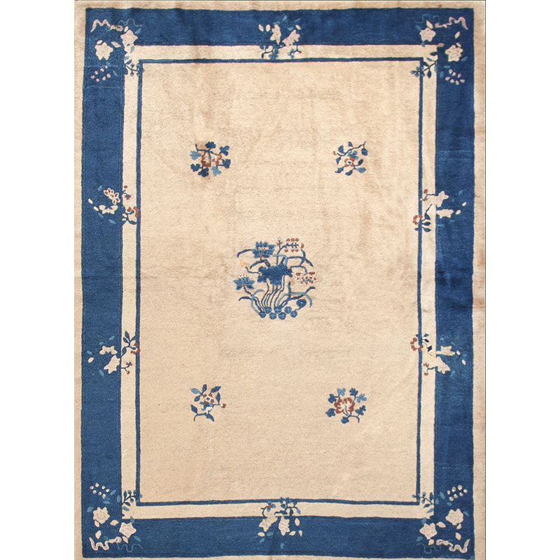 Tapis à motif floral ivoire beige et beige en laine noué à la main