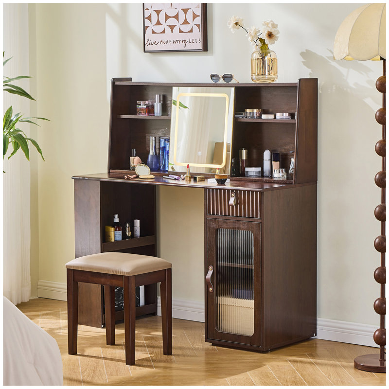Elegant makeup vanity desk with 3 modes Adjustable Lighted Mirror,modern dressing table set with large shelves, drawer and canbinet,Walnut