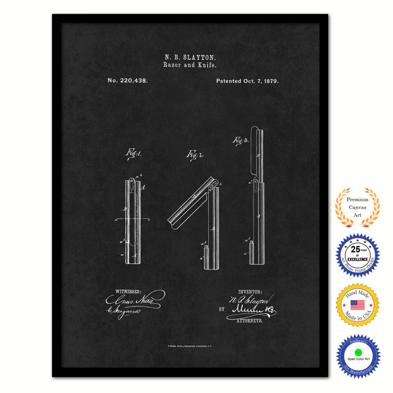 «1879 Barber Razor and Knife Vintage brevet Artwork», reproduction d'art sur toile encadrée, H 17 po x l 13 po