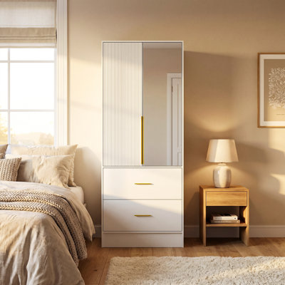 75cm Wide High Gloss Wardrobe With Led Mirror & 2 Drawers - White & Gold Modern Bedroom Storage