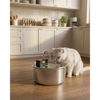 Fontaine sans fil pour chat en acier inoxydable, distributeur d'eau automatique rechargeable à pile de 3,2 oz / 3,2 L 108 oz pour chats, chiens et animaux de compagnie multiples