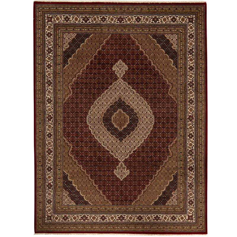 Tapis brun / ivoire / rouge / olive de haute qualité noué à la main