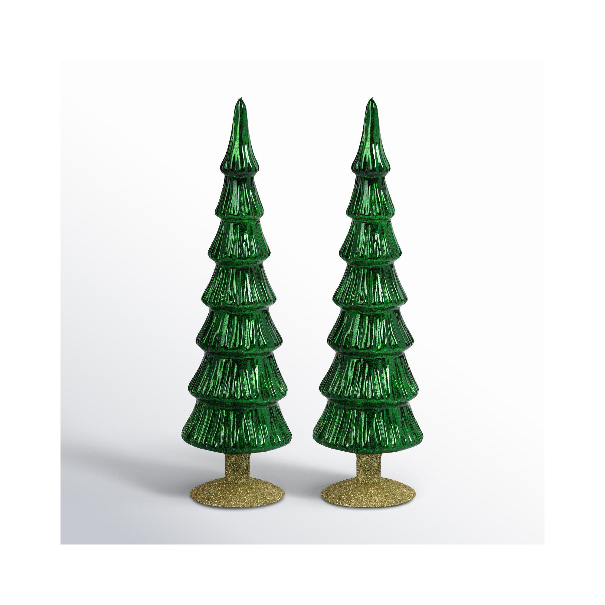 Merrigan Light Green Glass Tree on Gold Glitter Base, Set of 2, 15.25" H x 3.5" W x 3.5" D, Green/Gold