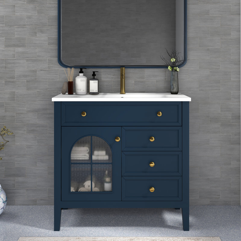 Meuble-lavabo bleu de 90,4 cm (35,6 po) avec lavabo en verre antique, armoire de rangement et surface résistante à l'usure, style médiéval autoportant, tiroirs.