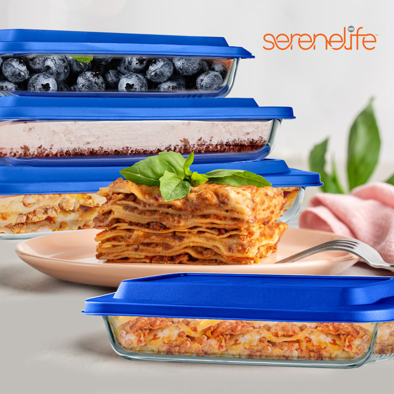 SereneLife 4 Piece Non-Stick Glass Bakeware Set, Blue