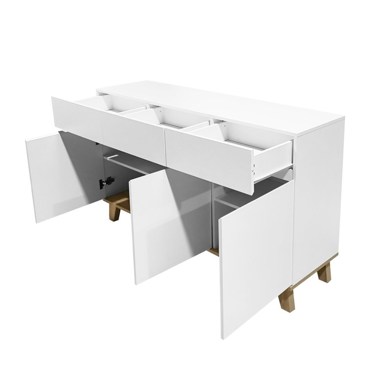 Commode blanche 3 tiroirs et 3 portes, commode de rangement moderne sans poignée avec pieds en bois naturel massif, armoire à tiroirs minimaliste pour le salon de la chambre à coucher, simple à installer