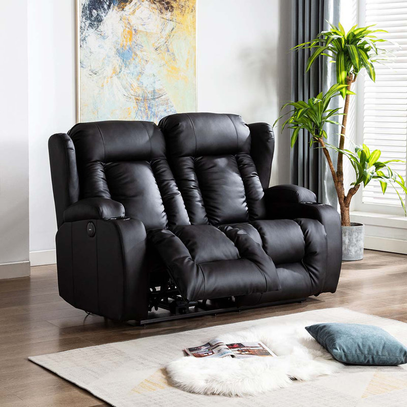 Deneishia 2 Seater Linen Reclining Sofa, Black