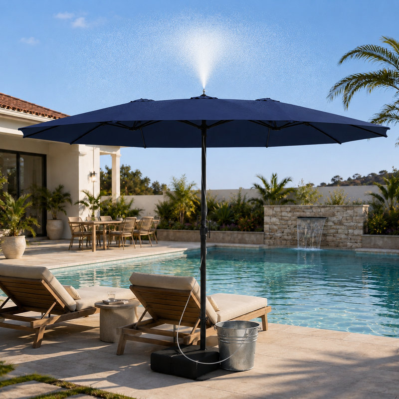 Parasol de patio double face l 181 po x P 106 po Traiden avec ensemble de brumisation et base, Navy Blue