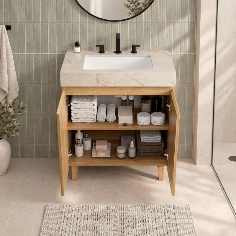 Meuble-lavabo simple LULA de 76 cm (30 po) d'aspect bois avec comptoir en pierre frittée couleur crème veinée or, 30"