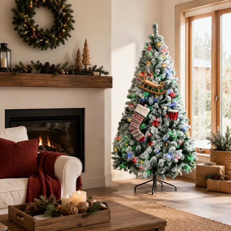 Sapin de Noël artificiel de 2,3 m (7,5 pi) recouvert de neige floquée, avec 550 lumières DEL – Blanc chaud ou multicolore, branches ignifugées, socle en acier