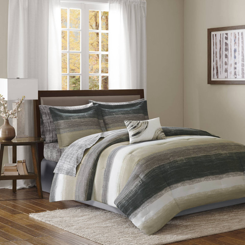 Saben Striped Comforter Set with Cotton Bed Sheets, California King Comforter + 8 Additional Pieces, Taupe