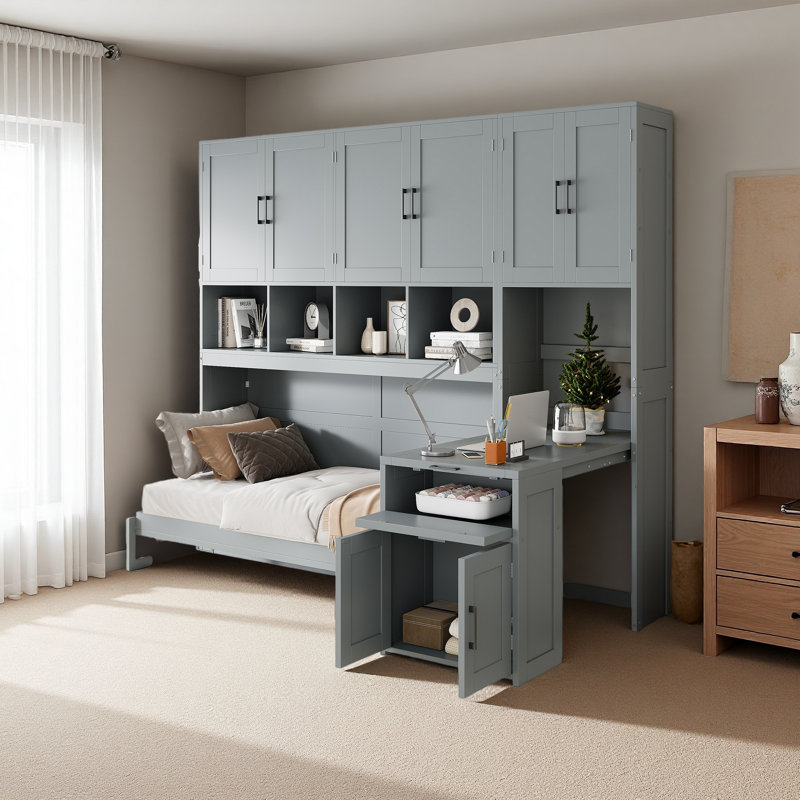 Lit escamotable simple avec placard, tiroirs et bureau, Gris