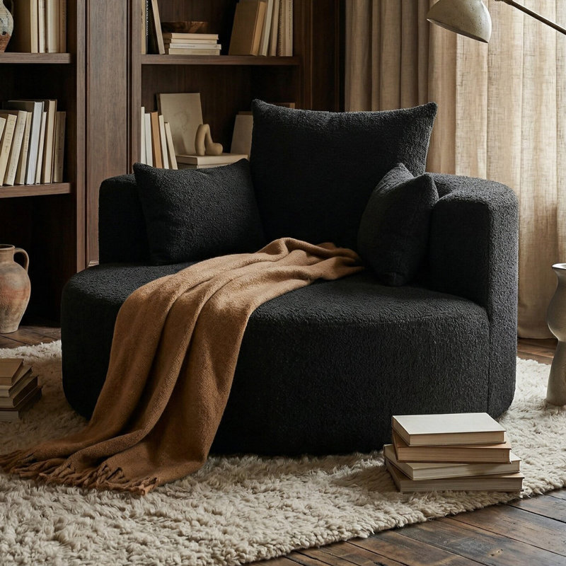Modern 360° Swivel Lounge Chair Oversized Barrel Chair with Deep Seat and Removable Pillows, Black