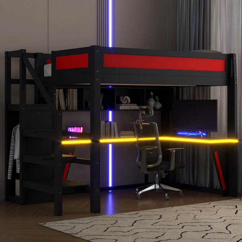 Lit mezzanine double en bois avec bureau intégré, garde-robe, DEL et USB, BlackRed