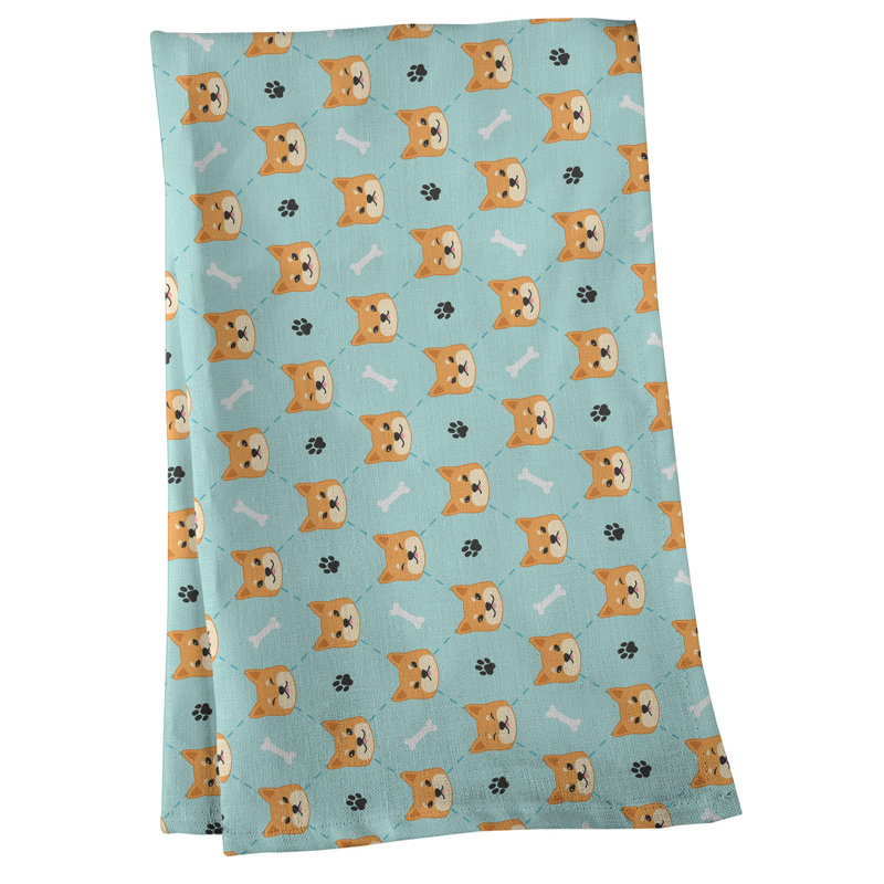 Serviette à thé à motif shiba shiba, Sergé de coton, Aigue-marine