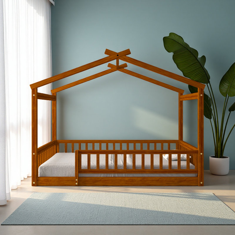 Wood Bed House Bed Frame With Fence, Walnut, Full