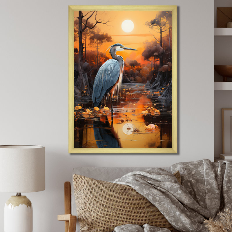 Bedourie Heron Silent Waters Pointillism II sur toile, H 40 po x l 30 po x P 1,5 po, Encadrement doré