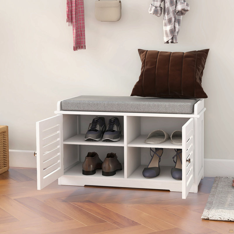 2 Door Shoe Storage With Cushioned Seat - White Entryway Option Bench Padded And Decor