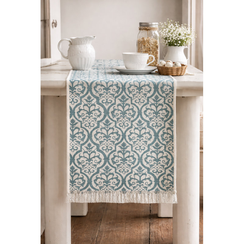 Sage Green Floral Printed Table Runner With Fringe 14" X 72"