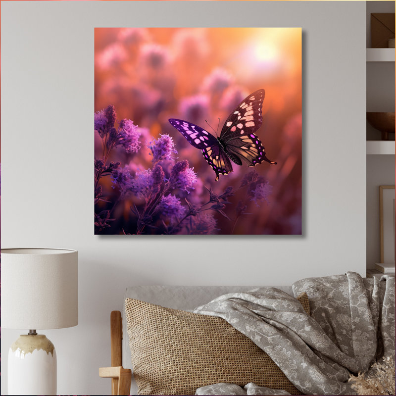 Papillon rose, coucher de soleil magique I, H 36 po x l 36 po x P 1,5 po, Toile tendue
